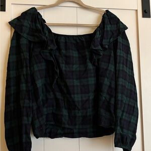 J. Crew Green and Navy Black Watch Tartan Ruffled Flannel Blouse